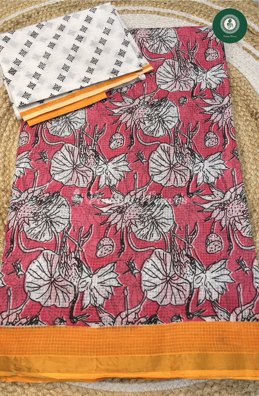 Kota Cotton Saree FlowerPrint-PinkWithYellow (1)