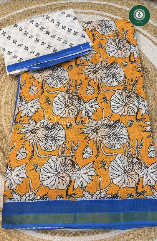 Kota Cotton Saree Kalamkari Flower Print-Yellow