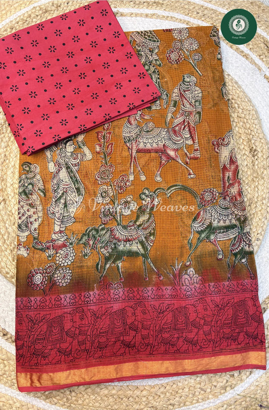 Kota Cotton Saree Kalamkari AncientArt-Yellow