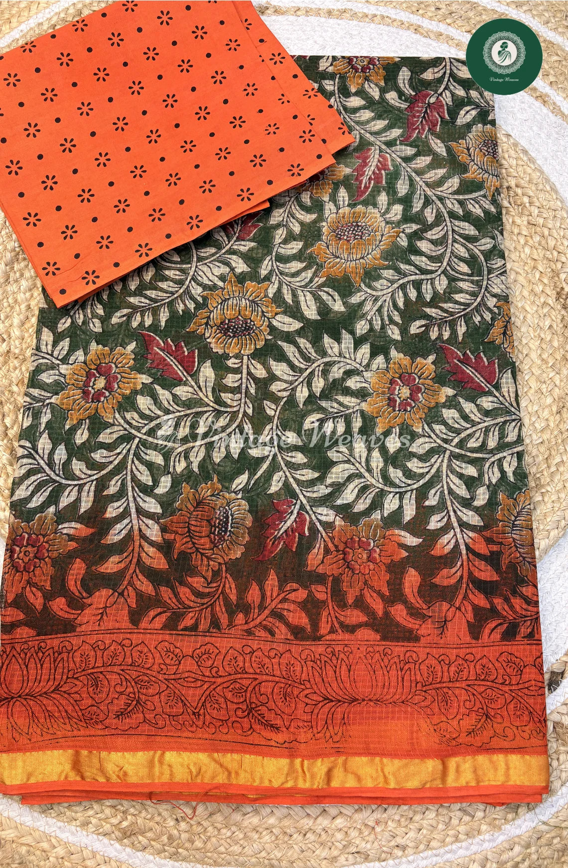 Kota Cotton Saree Kalamkari Flower Print-Green