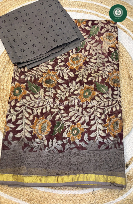 Kota Cotton Saree Kalamkari Flower Print-Marron