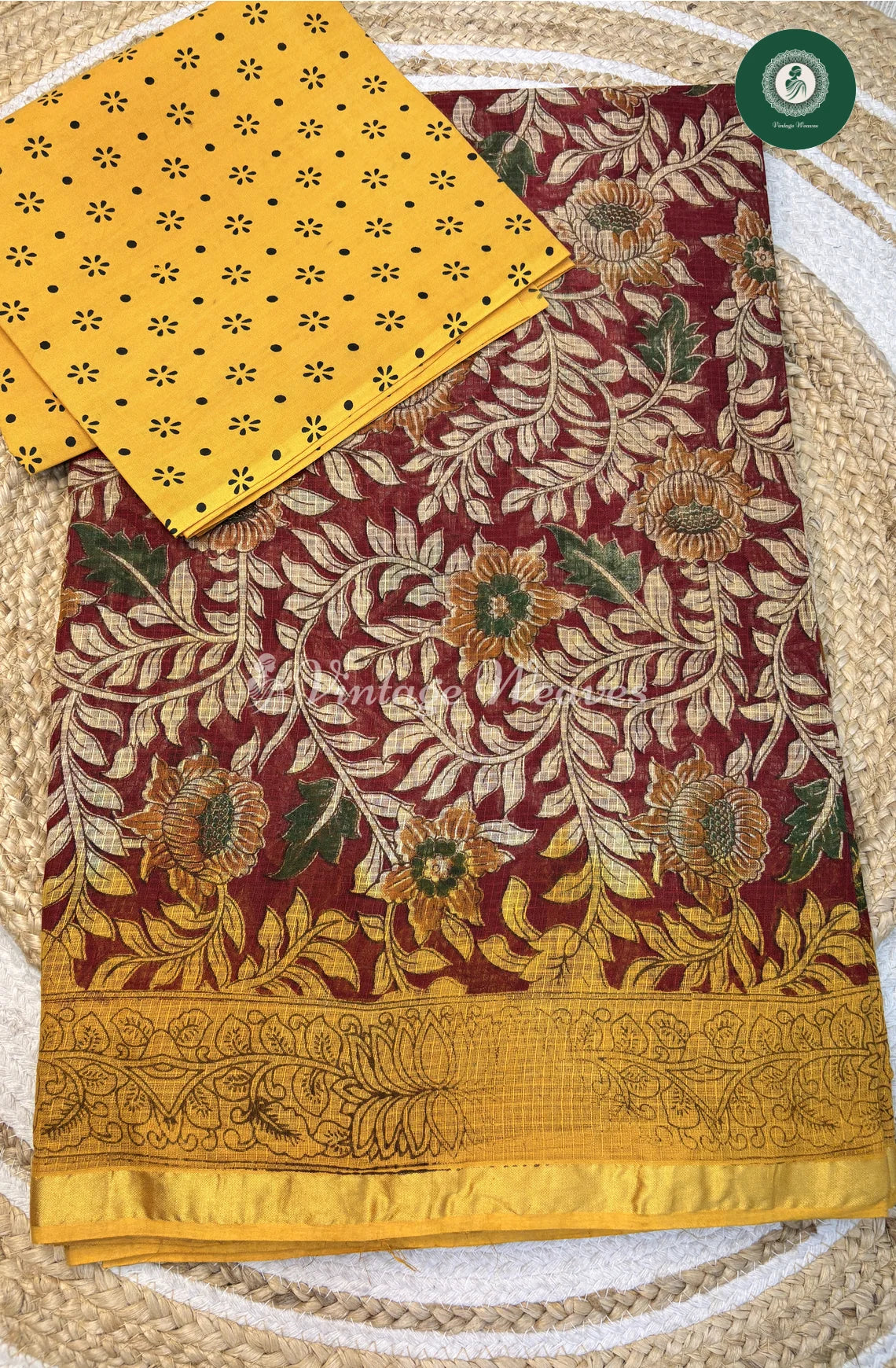 Kota Cotton Saree Kalamkari Flower Print-Red