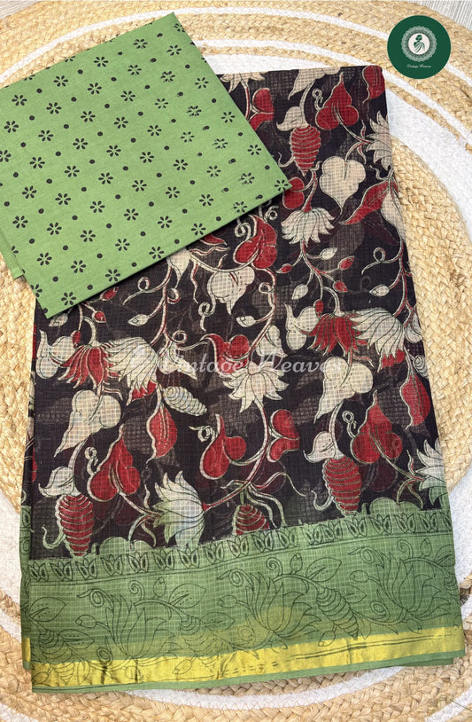Kota Cotton Saree Kalamkari LotusPrint-Black