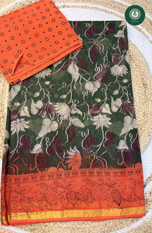 Kota Cotton Saree Kalamkari LotusPrint-Green