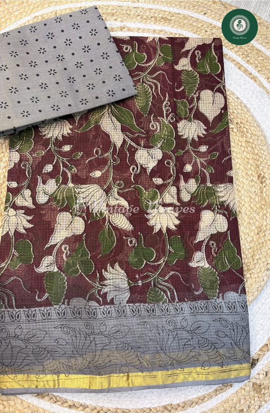 Kota Cotton Saree Kalamkari LotusPrint-Marron