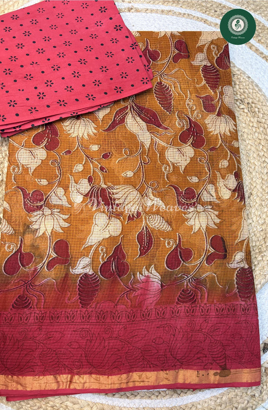 Kota Cotton Saree Kalamkari LotusPrint-Yellow