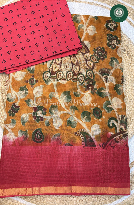 Kota Cotton Saree Kalamkari PeacockPrint-Yellow