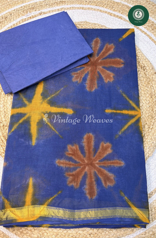 Kota Cotton Saree ShiboriFlower-Blue