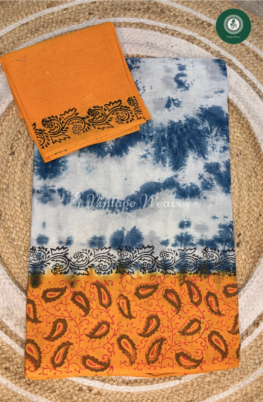 Kota Cotton Saree ShiboriPrint-Bluewithyellow