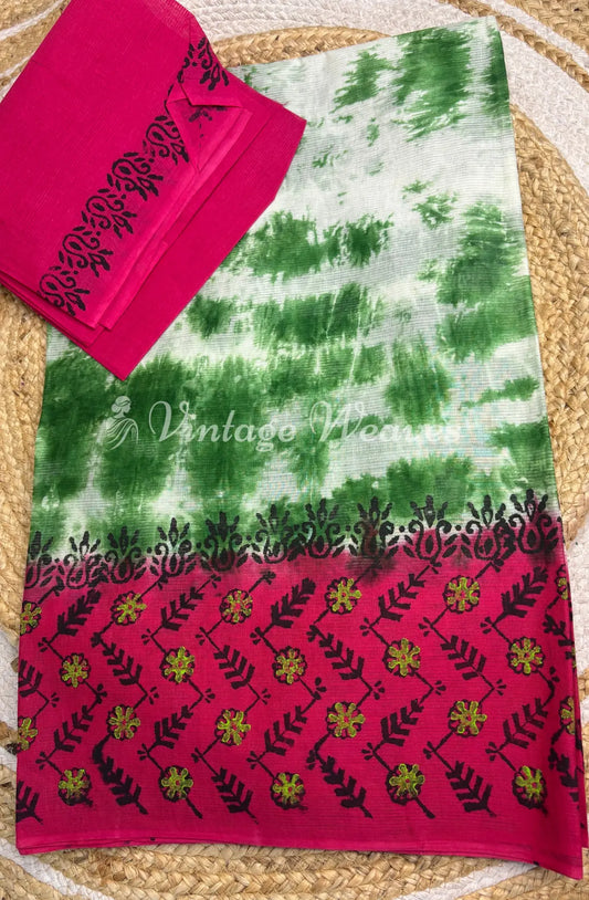 Kota Cotton Saree Shibori Print-Green with Pink