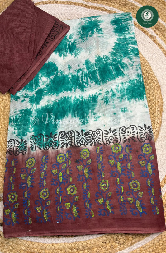 Kota Cotton Saree Shibori Print-TealBlue with Brown