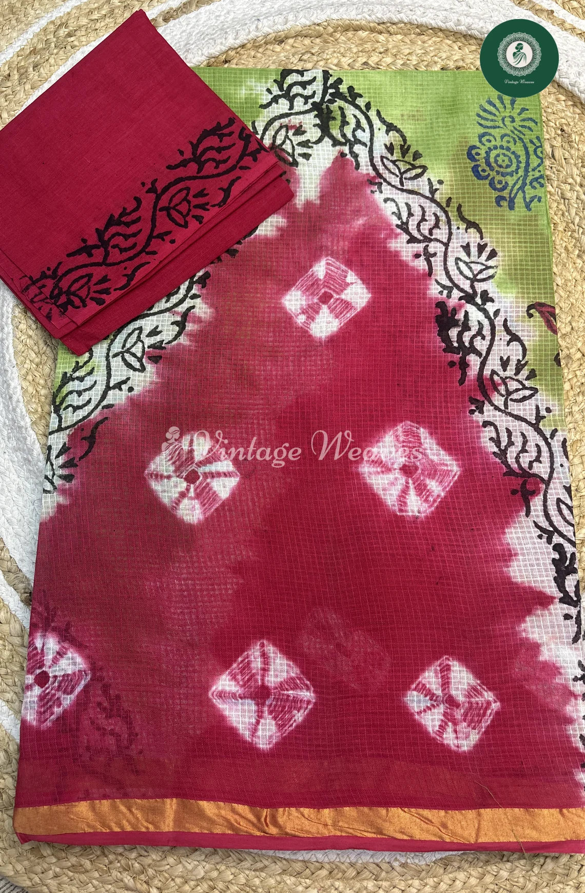 Kota Cotton Saree TrainglePrint-GreenWithPink (1)