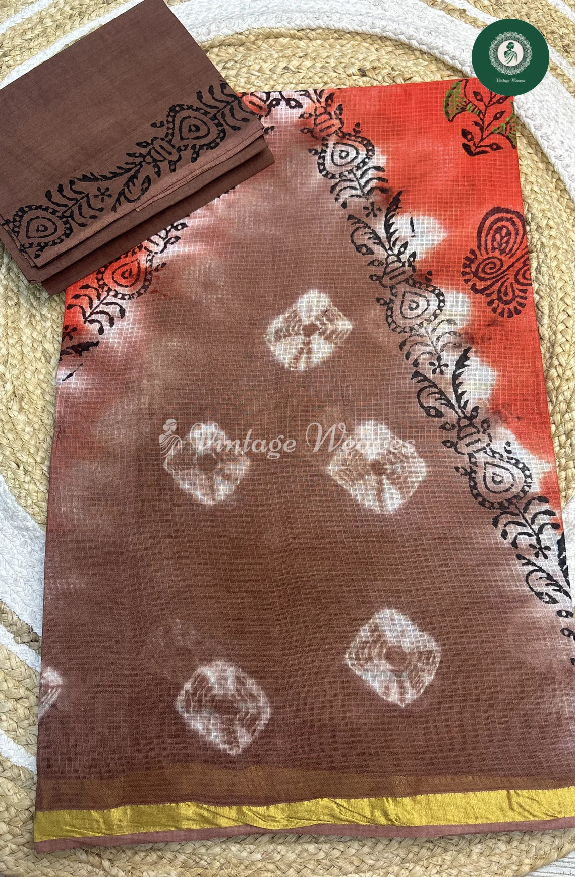 Kota Cotton Saree TrianglePrint-OrangeWithSkin