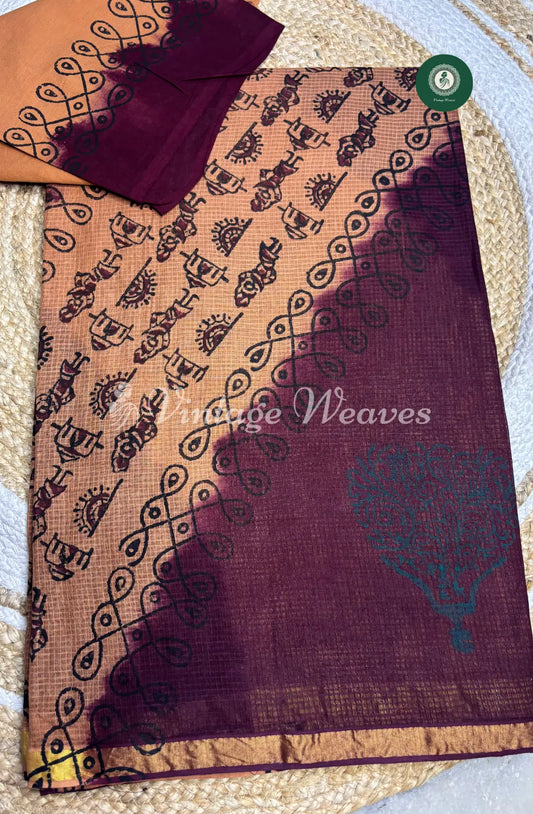 Kota Cotton Saree Varliprinted-Brown