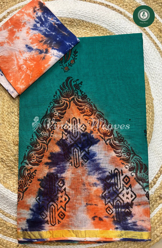 Kota Cotton Saree With Floral Body -Blue With White