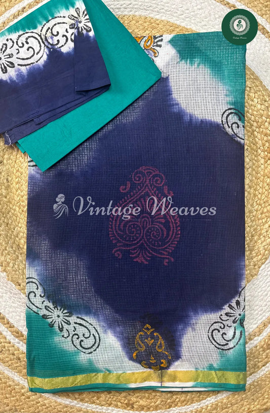 Kota Cotton Saree With Floral Body -Dark Blue With Light Blue