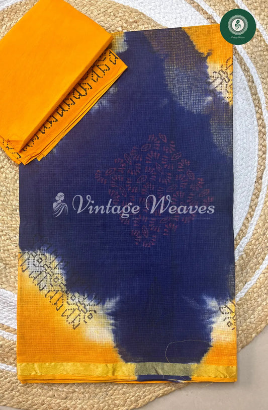 Kota Cotton Saree With Floral Body -Dark Blue With Yellow