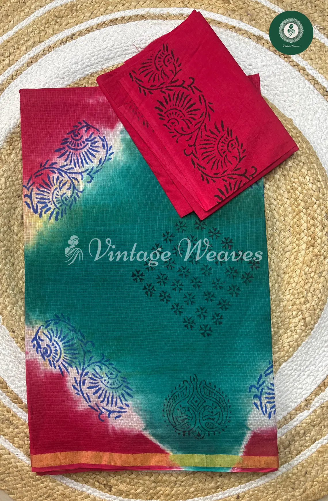 Kota Cotton Saree With Floral Body -Light Blue With Pink
