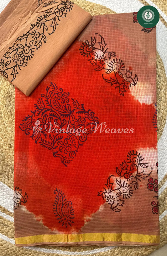 Kota Cotton Saree With Floral Body -Orange With Sandel