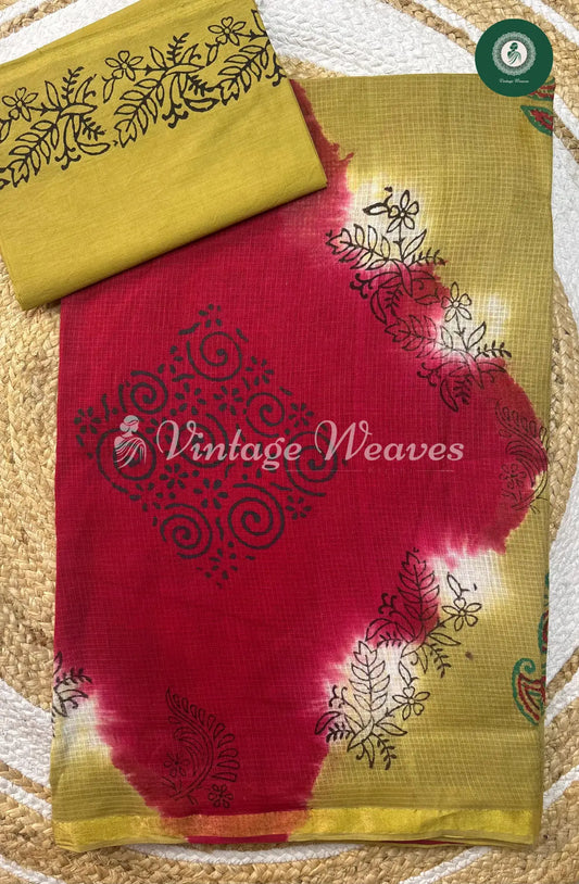 Kota Cotton Saree With Floral Body -Pink With Green