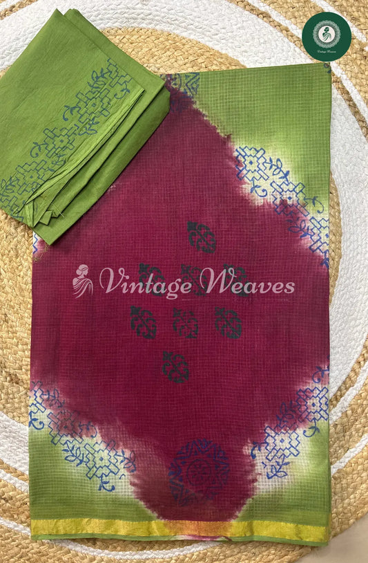 Kota Cotton Saree With Floral Body -Purple With Green