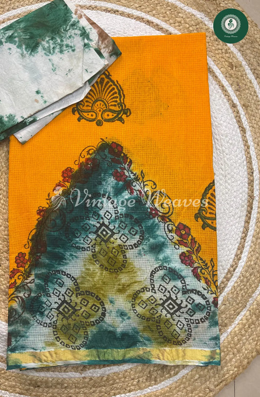 Kota Cotton Saree With Floral Body -Yellow With Green