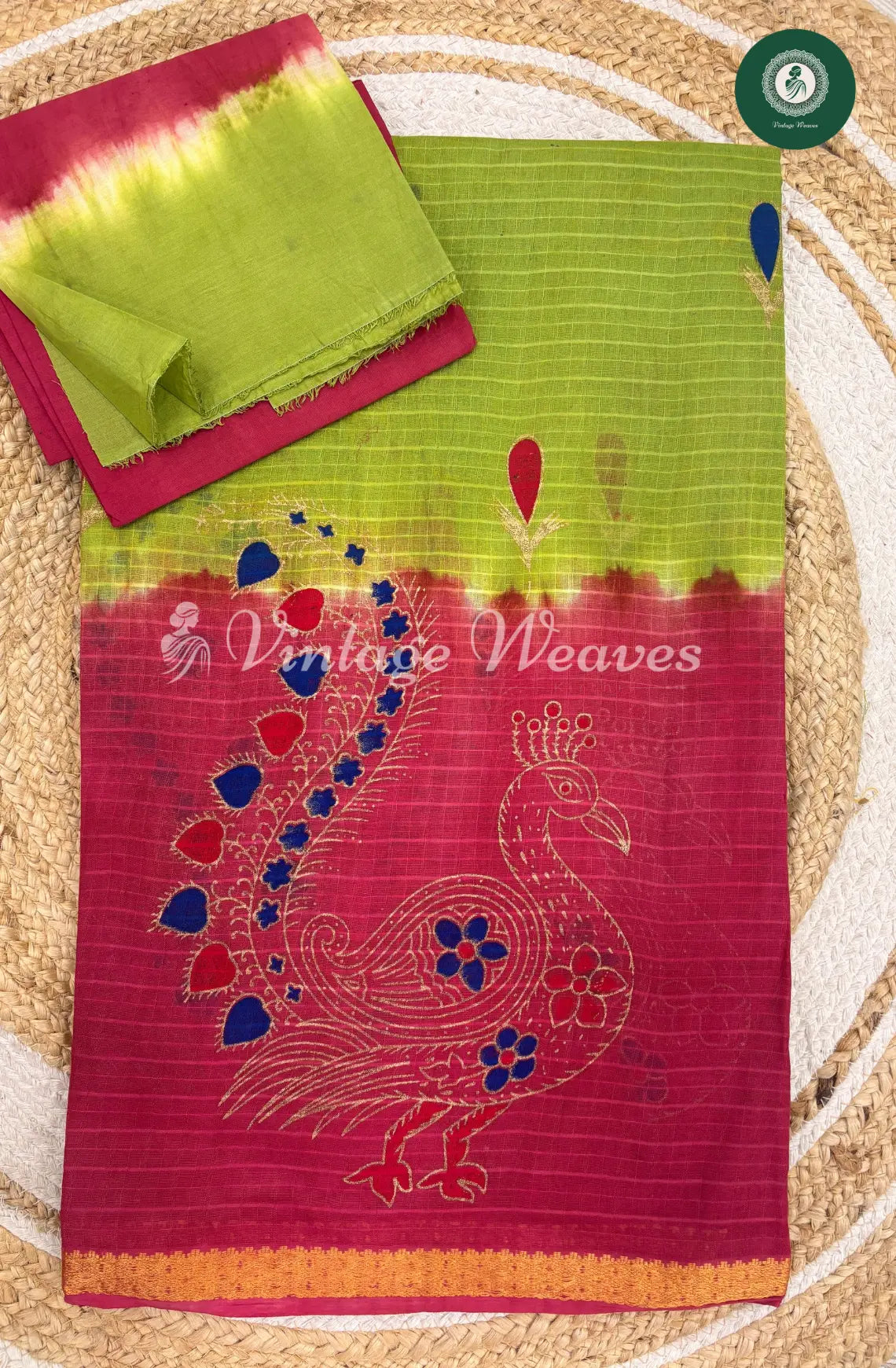 Kota Cotton Saree With Peacock Border-Green