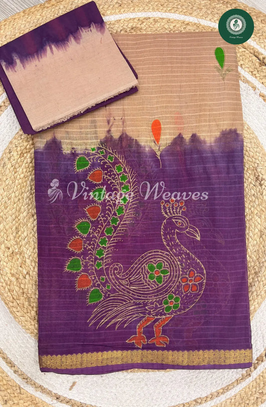 Kota Cotton Saree With Peacock Border-Skin