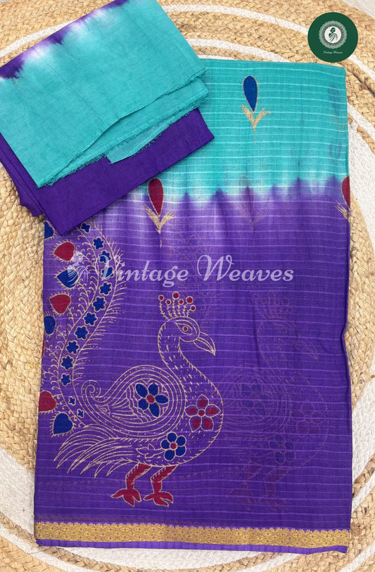 Kota Cotton Saree With Peacock Border-SkyBlue