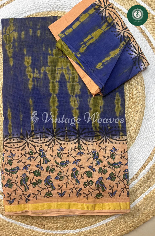 Kota Cotton Saree With Printed Bird Border-Blue With Sandel