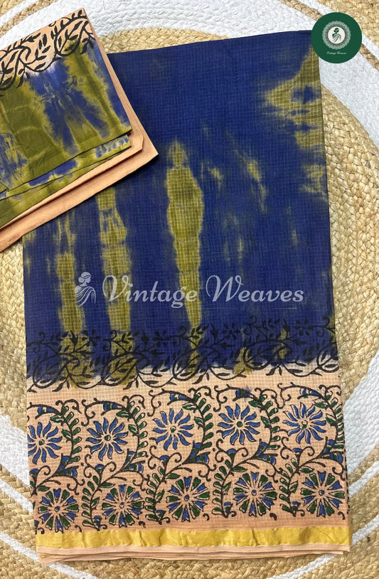 Kota Cotton Saree With Printed Border -Blue With Sandel