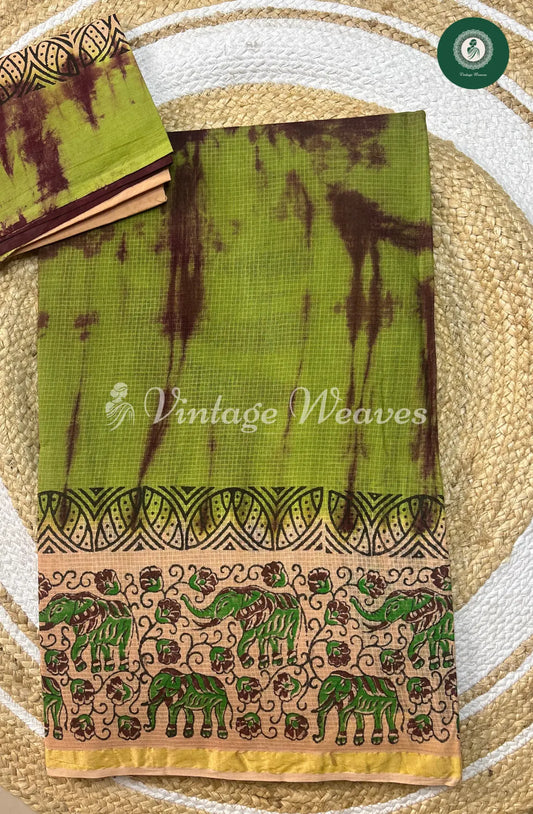 Kota Cotton Saree With Printed Border-Light Green With Sandel