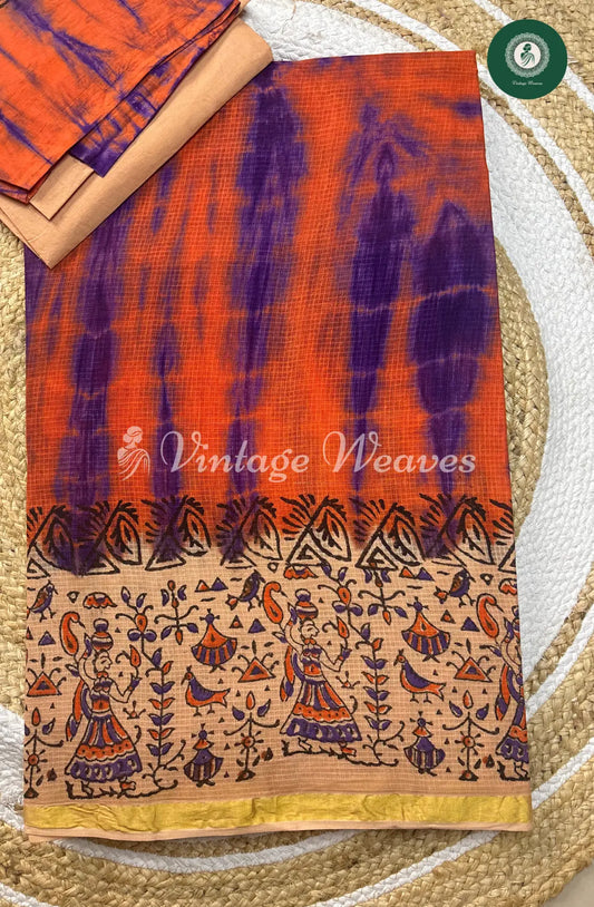 Kota Cotton Saree With Printed Border-Orange With Sandel