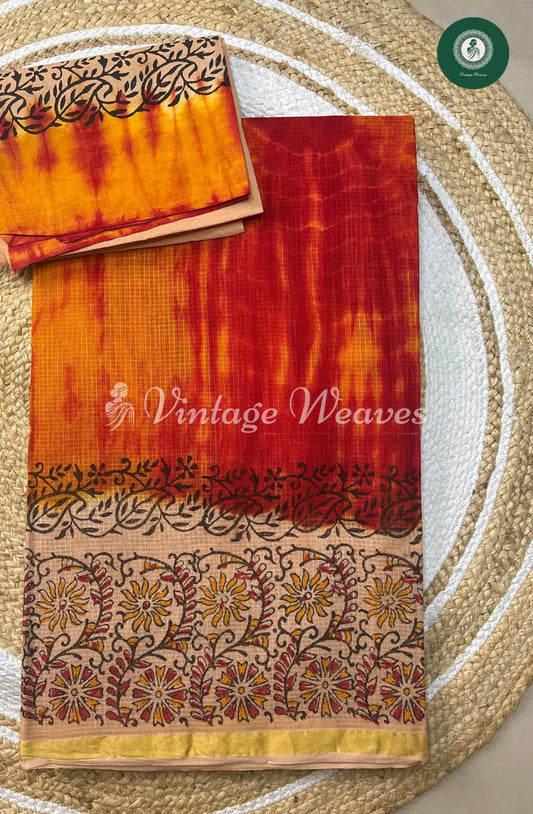Kota Cotton Saree With Printed Floral Border-Orange With Sandel
