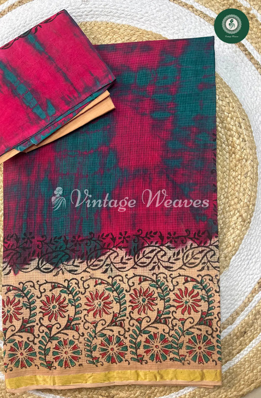 Kota Cotton Saree With Printed Border -Pink With Sandel
