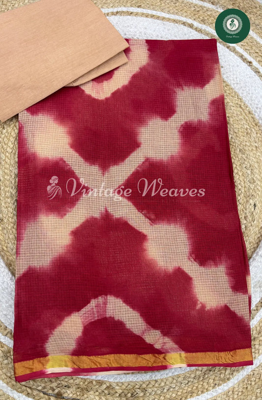 Kota Cotton Saree With Shibori Print-Red