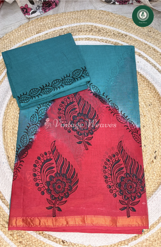 Kota Cotton Saree With Triangleprint-BluewithPink