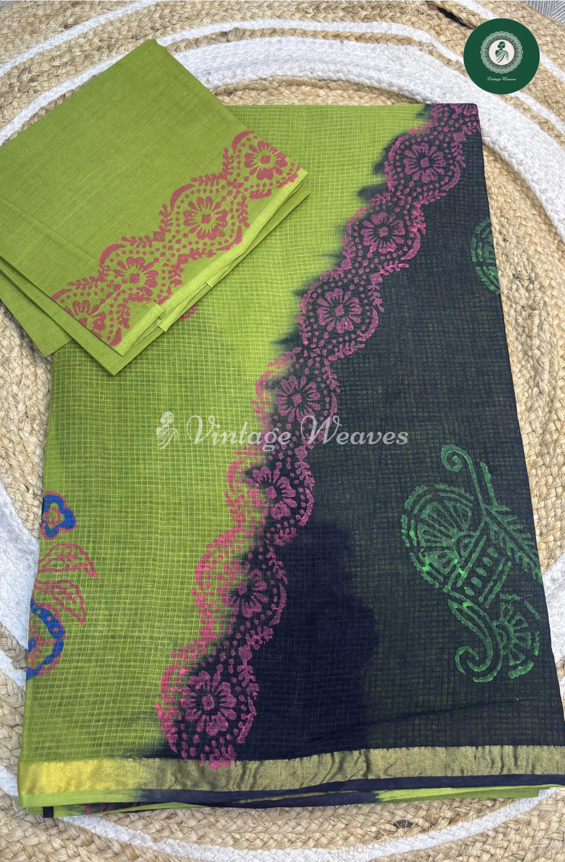 Kota Cotton Saree With ZariBorder-GreenwithBlue