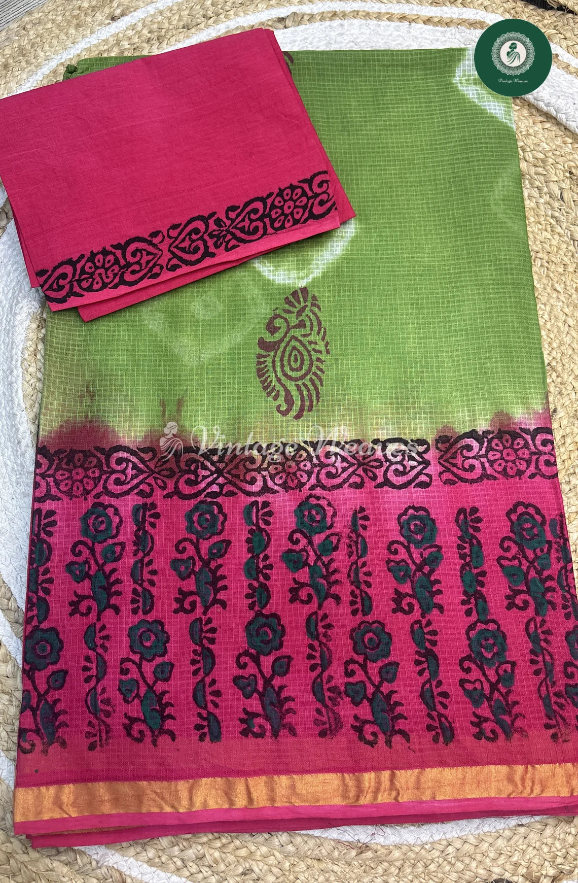 Kota Cotton Saree With ZariBorder-GreenwithPink (1)