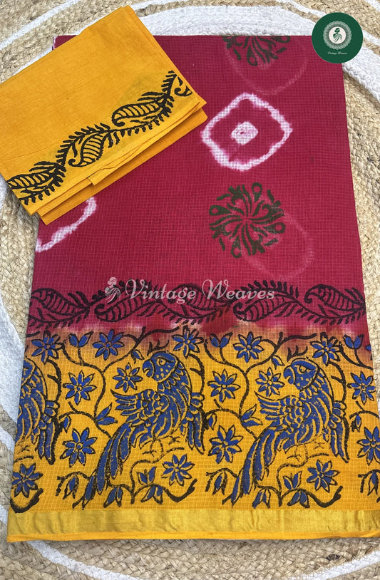 Kota Cotton Saree With ZariBorder-RedWithYellow