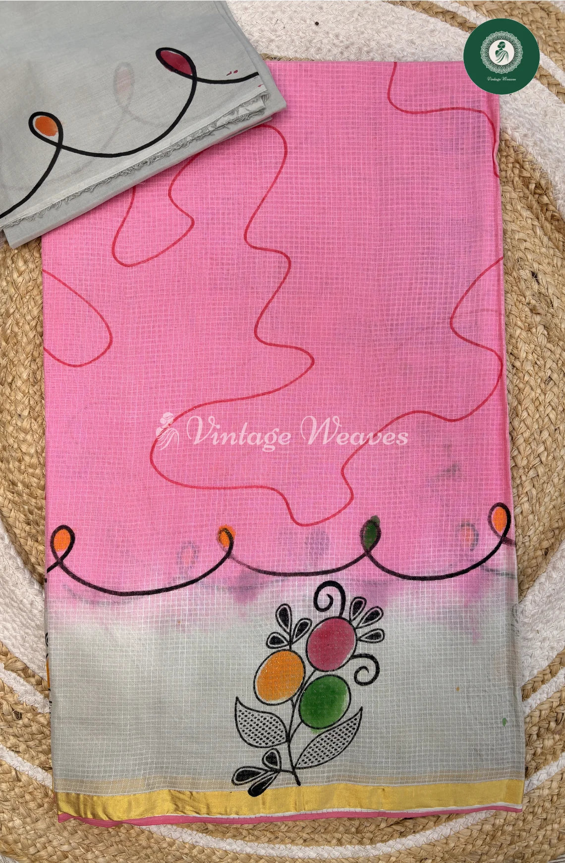 Kota Cotton Saree with Abstarct Lines-BabyPink