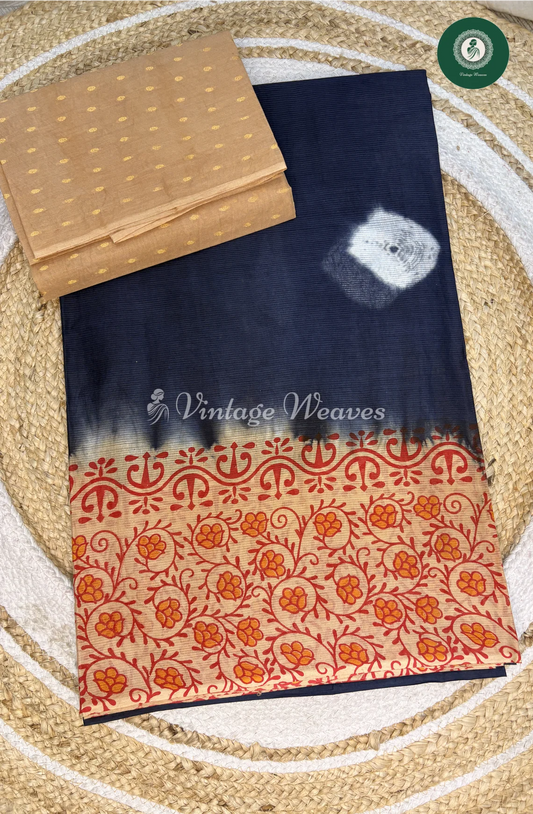 Kota Cotton Saree with Printedborder-Bluewithskin