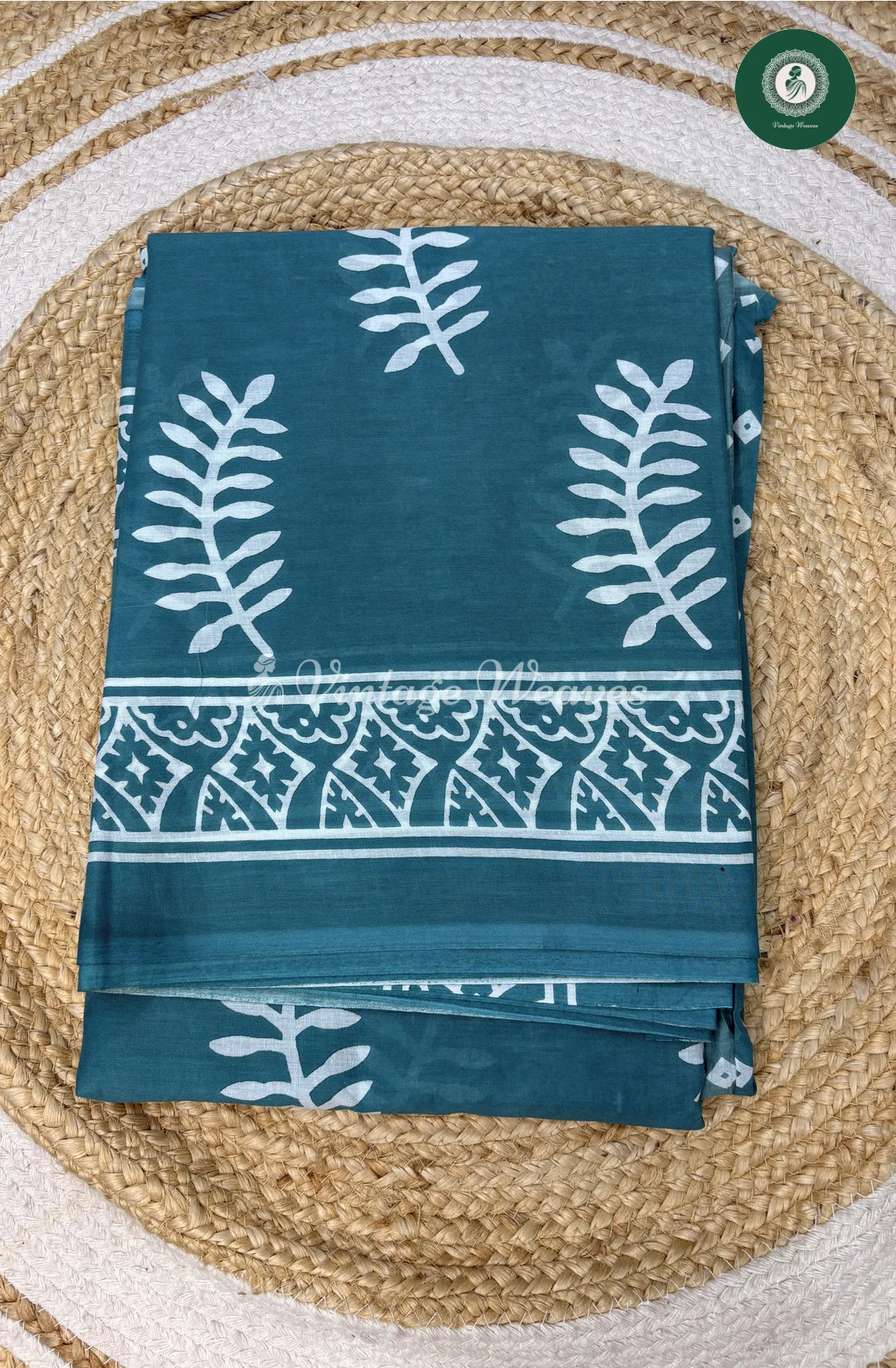 Leaf HandBlock Printed Mul Cotton Saree-LightBlue