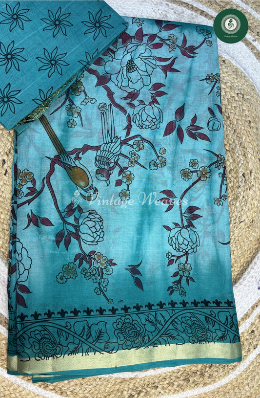 LightWeight Cotton Saree Floral Print-Blue_1