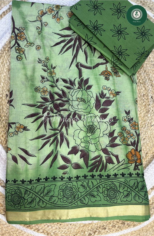 LightWeight Cotton Saree Floral Print-Green