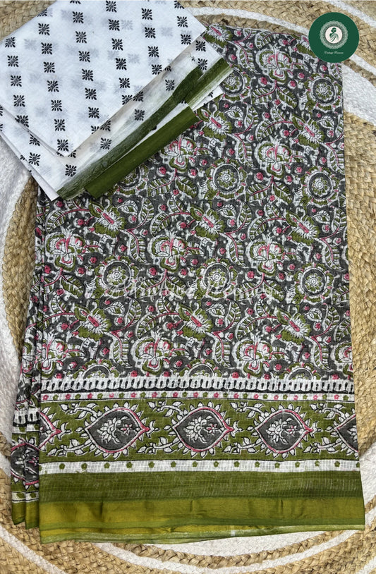 LightWeight Kota Cotton Saree FloralPrint-Green