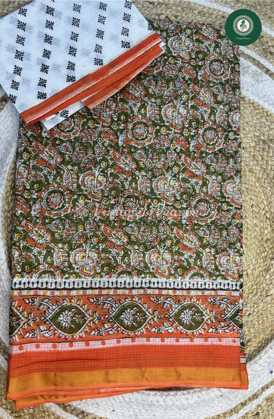 LightWeight Kota Cotton Saree FloralPrint-Orange