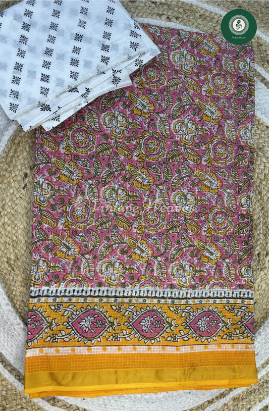 LightWeight Kota Cotton Saree FloralPrint-Pink