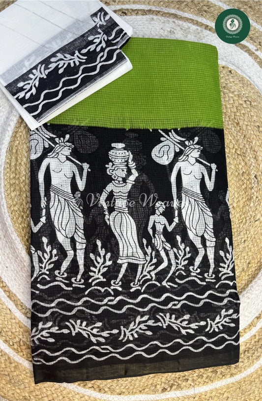 LightWeight Kota Cotton Saree With TribalPrint -Green