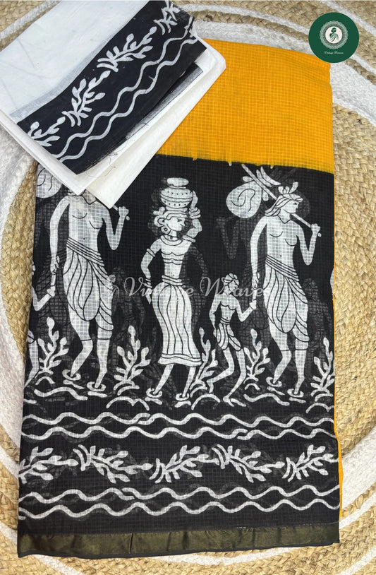 LightWeight Kota Cotton Saree With TribalPrint-Yellow